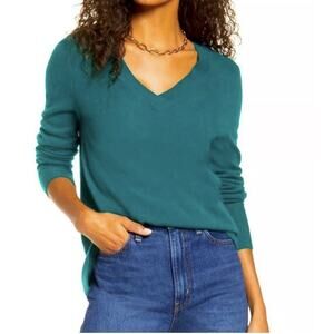 Halogen Cashmere Blend V Neck Sweater Small Hunter Green Knit Pullover Tunic